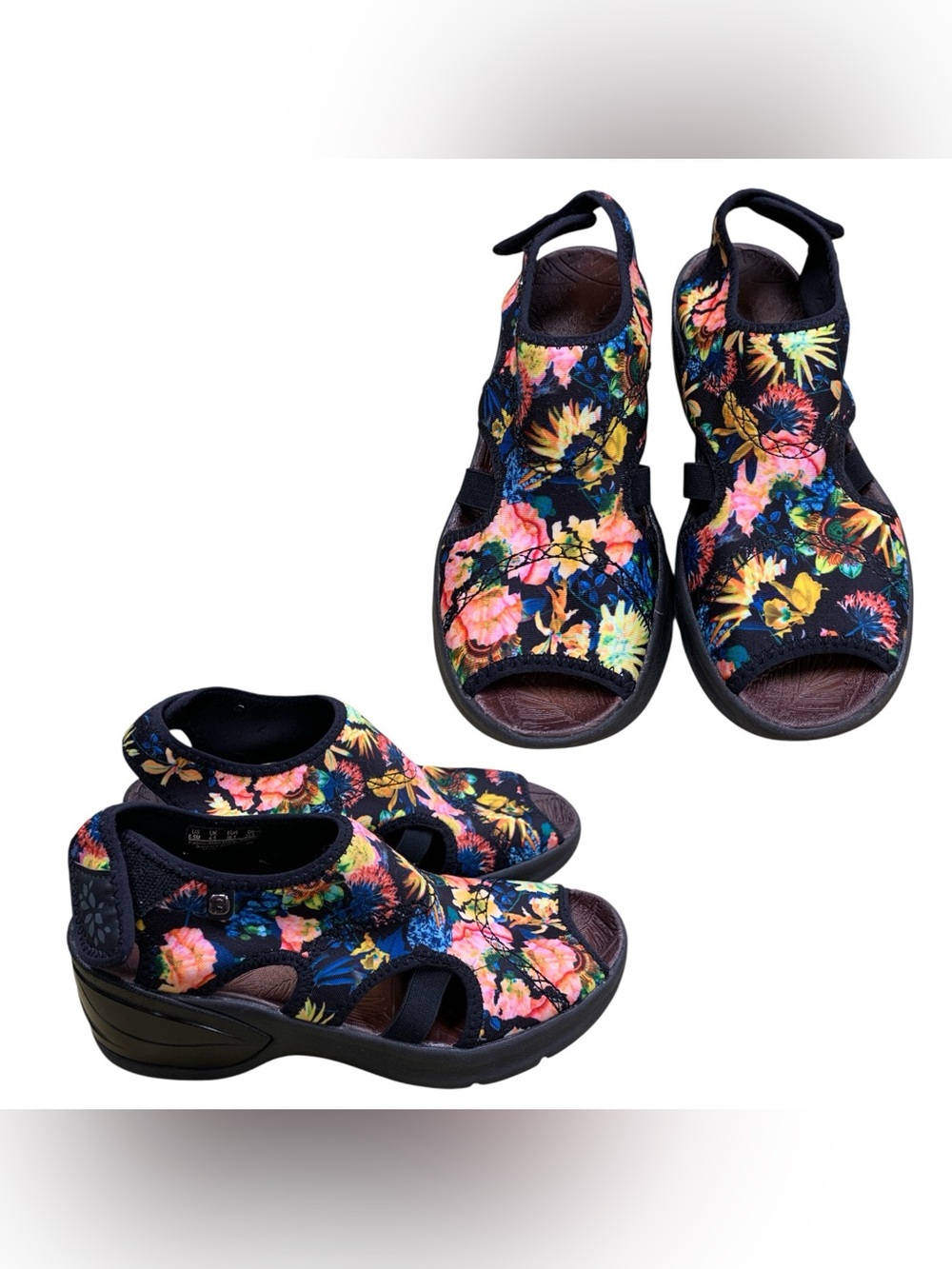 Bzees Floral Print Wedge Sandals - Navy Multicolor S6.5
